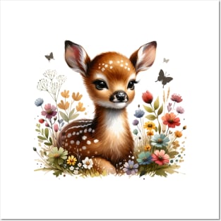 Baby Deer and Flowers Posters and Art